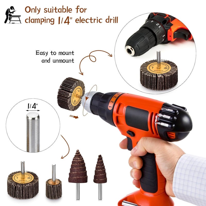 phntake 24PCS Flap Wheel Set - 80 Grit Sandpaper 1/4" Shank Aluminum Oxide Abrasive Flap Wheel Sander for Drill, Die Grinder Accessories, Drill Sanding Attachment for Remove Rust - Image 3